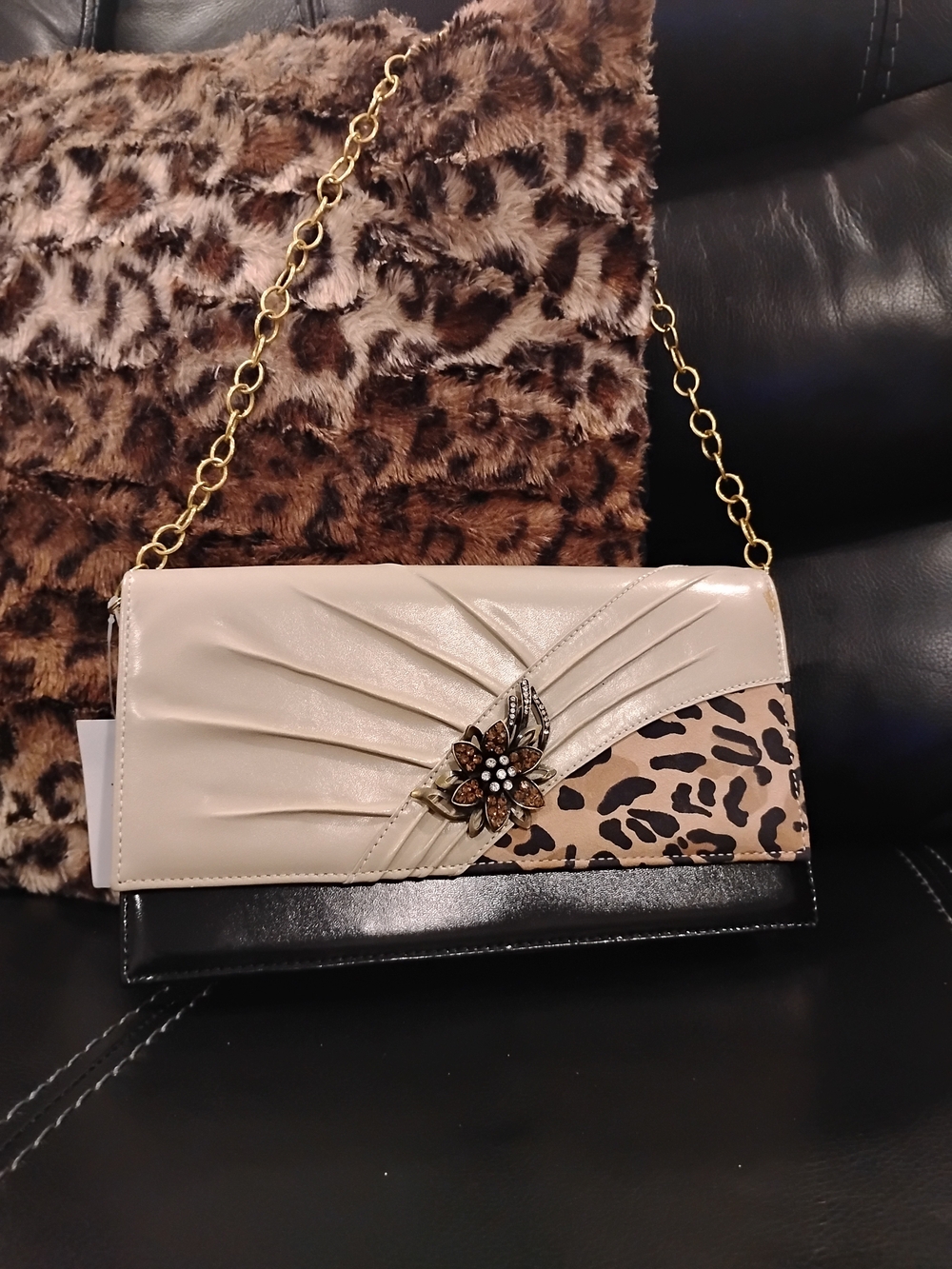 Beige and Black Leopard Accent Clutch with Gold Chain and Floral Brooch